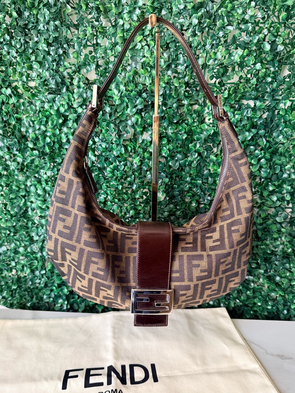 Fendi Brown Zucca Monogram Hobo Shoulder Bag Authentic